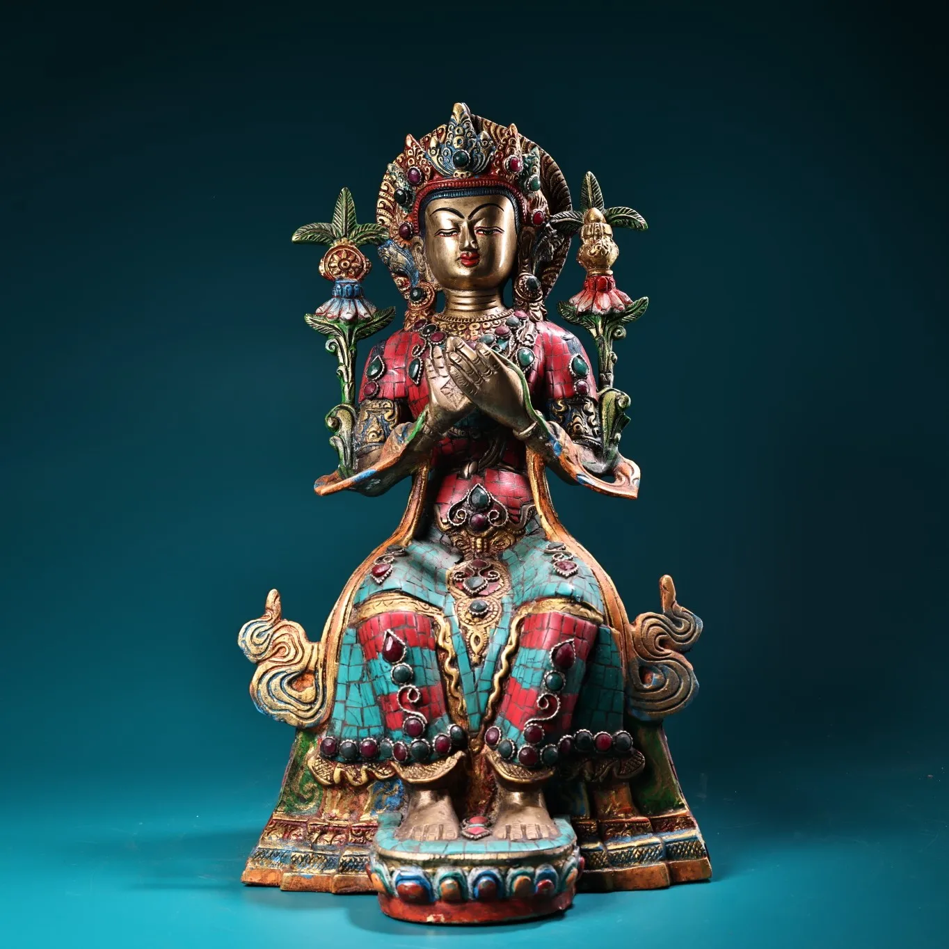 

14"Tibetan Temple Collection Old Bronze Outline in gold Mosaic Gem Turquoise MAITREYA STRONG BUDDHA Sitting Buddha Worship Hall