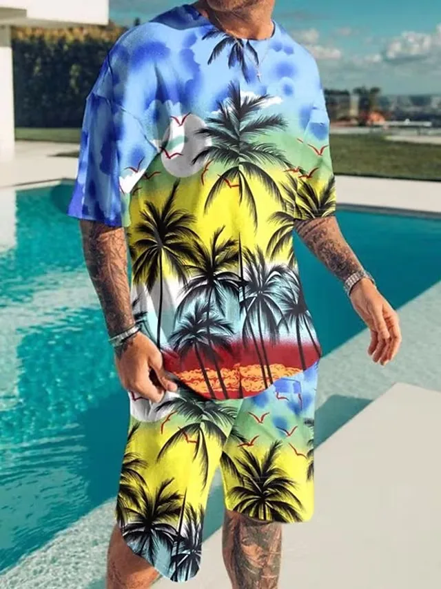 Clothes for Men T-Shirt Suits 3D Printed Fashion Color Design Round Neck Outdoor Street Short Sleeve Ropa Clothing Apparel 2pcs