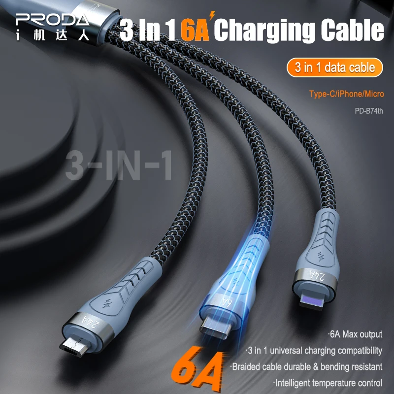 Proda Pulsing Series 3 in 1 Fast Charging Braided Data Cable 6A USB Cables with Strong and Tough Wires For All Mobile Phones