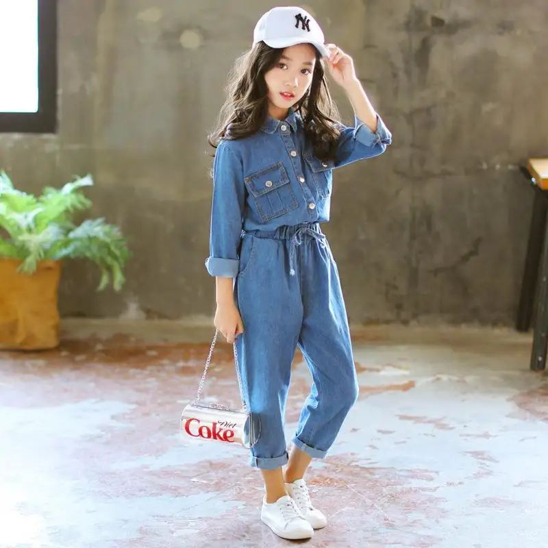 

Casual Girls Clothes Autumn Spring Denim Blue Tops Denim Long Pants Kids Outfits Set Children Clothes 4 5 6 7 8 9 10 12 Years