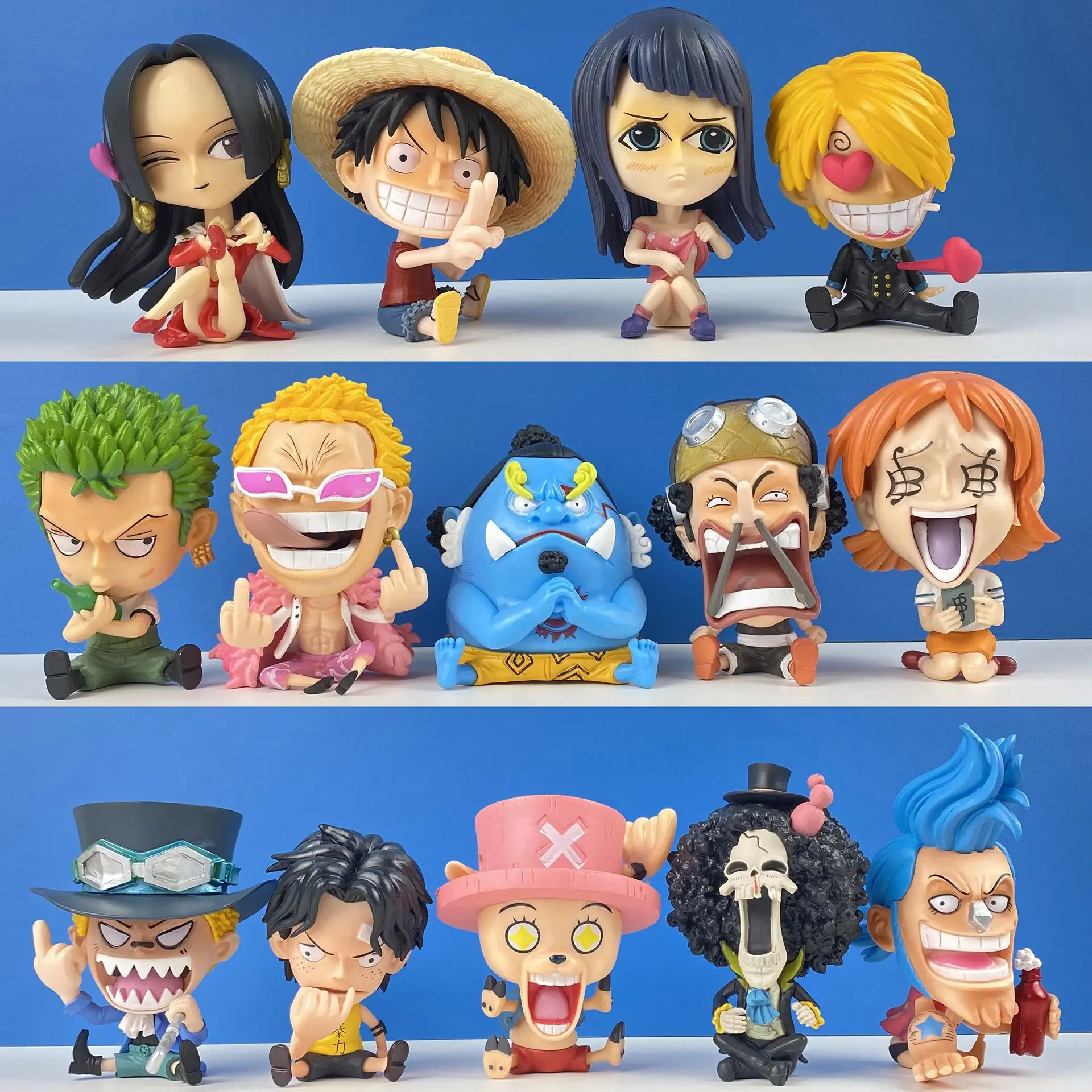 

Anime One Piece Zoro Luffy Sanji Sitting Figure Toys Robin Nami Brook Chopper PVC Q Version Car Decoration Model