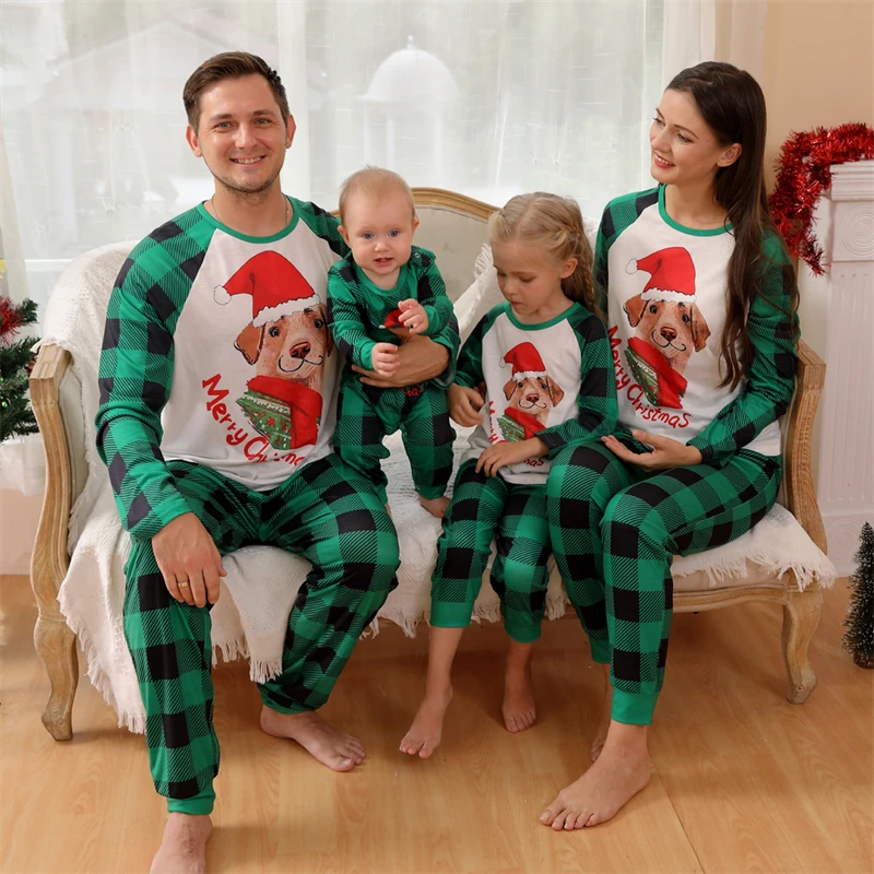 2022 Plaid Christmas Family Matching Outfits Cute Puppy Father Mother Children Baby Pajamas Sets Mommy and Me Xmas Pj's Clothes