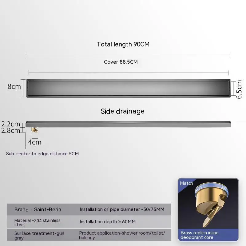 Невидимый слив для пола в ванной комнате, 20-120 см, квадратный фильтр для мусора, дренажный фильтр шириной 8 см, фильтр для душа с защитой от запаха