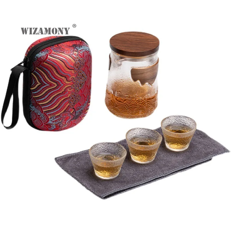 

Стеклянный чайный набор WIZAMONY, портативный чайный сервиз, один чайник, три чашки, чайный сервиз, дорожный набор, японский Экспресс-сервис, уличный набор