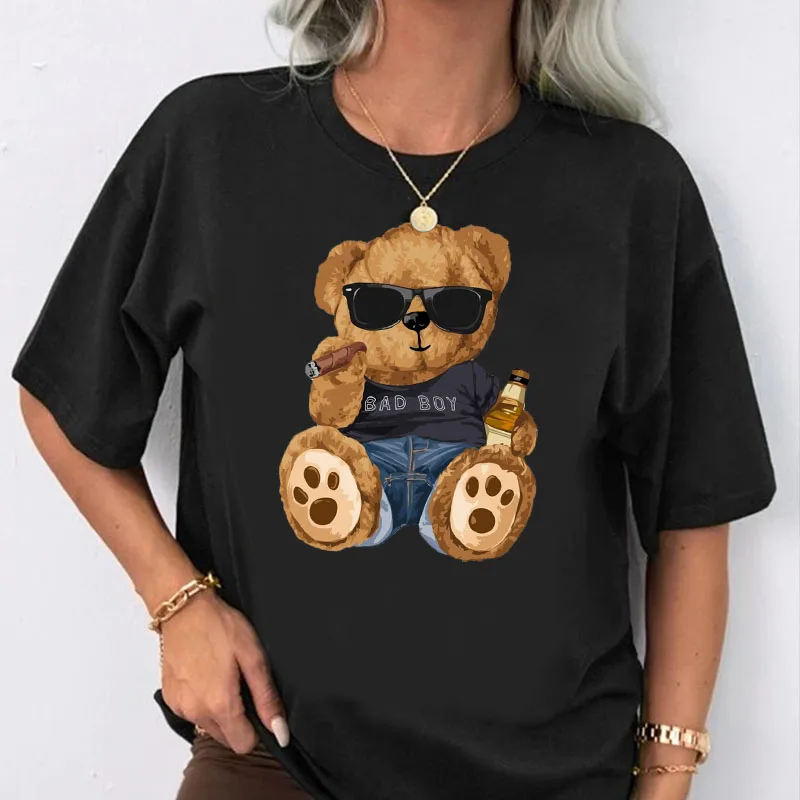 Funny Teddy Bear T shirt Harajuku Cartoon Graphic Top Women Men Fashion Short Sleev Tee Couples Matching Clothes 100% Cotton 4XL