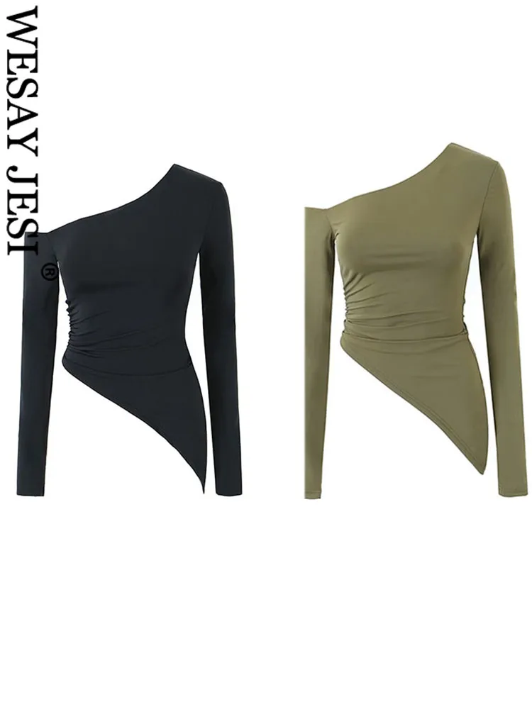 

WESAY JESI TRAF American Style Retro Y2K Women One Off Shoulder Crop Tee Extra Long Sleeve T-shirt Oblique Hem Slim Crop Top