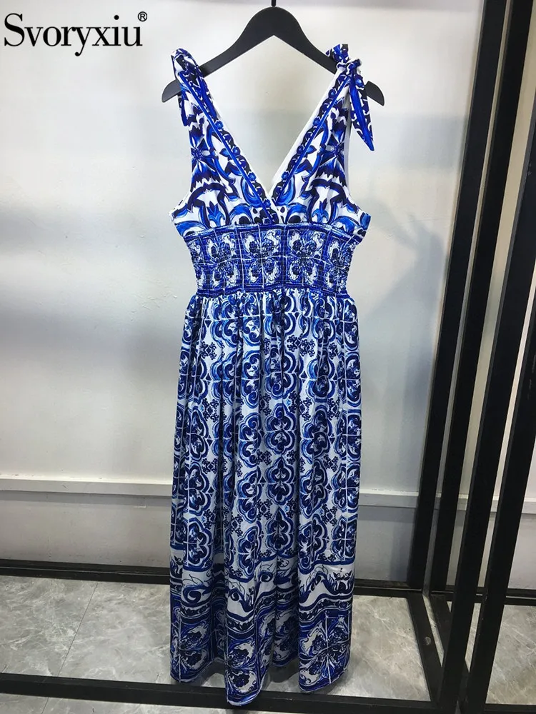 

Женское платье с V-образным вырезом Svoryxiu, голубое и белое длинное пляжное платье с фарфоровым принтом и поясом на резинке на лето 2019