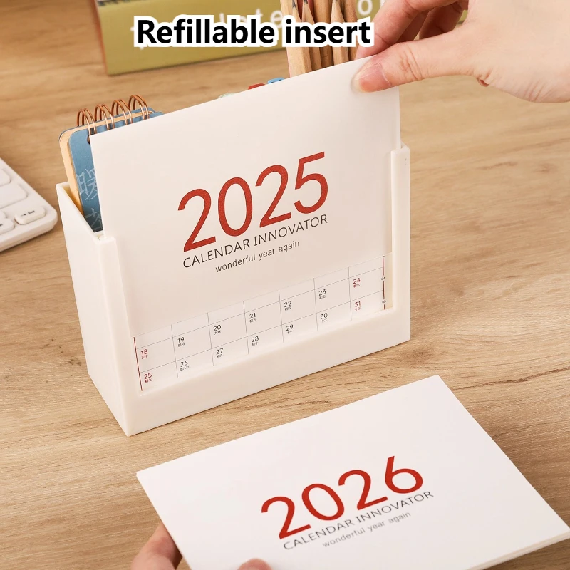 Фото Настольный календарь на 2026, подарочная коробка, креативная настройка, многофункциональный минималистичный декор для рабочего стола, офисный органайзер, держатель для ручек, календарь №3