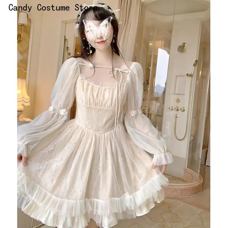 

Dress Women Casual Vintage Mini Dress Female Japanese Fairy Aesthetic Style One Piece Dresslong Sleeve Kawaii Lolita