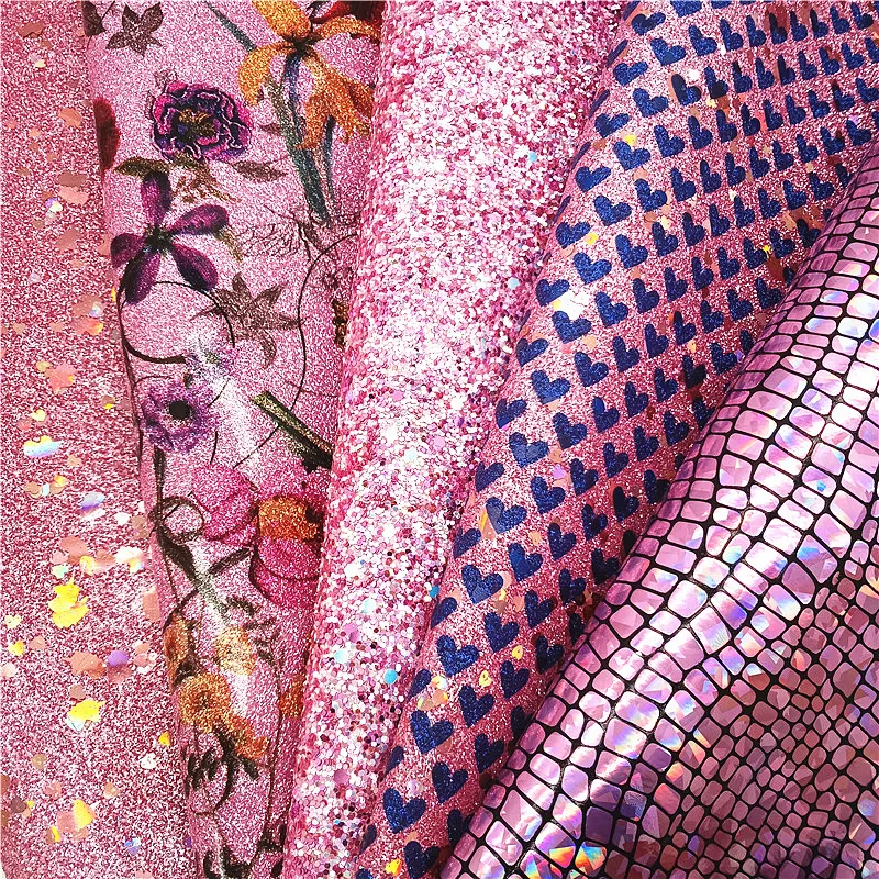 Розовая блестящая кожа с единорогом, сердечками, Радужный крокодил, искусственная кожа, цветы, искусственная кожа, искусственная кожа, DIY, мини-рулоны W429