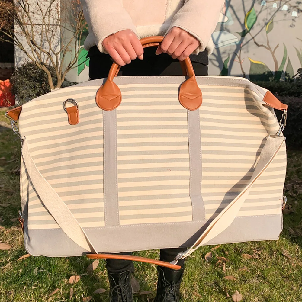 Canvas Stripes Duffle Bag Women Large Capacity Vintage Weekender Bag Guitar Strap Crossbody Travel Luggage Travel Bag Luxury