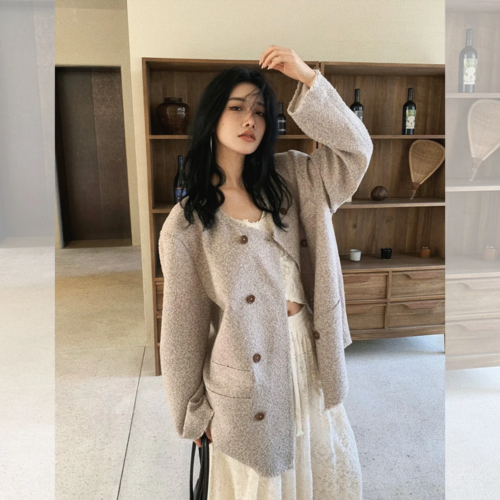 Left Women clothes Loose Small Suit Collarless Top 2024 Spring New Graceful Casual Outerwear |