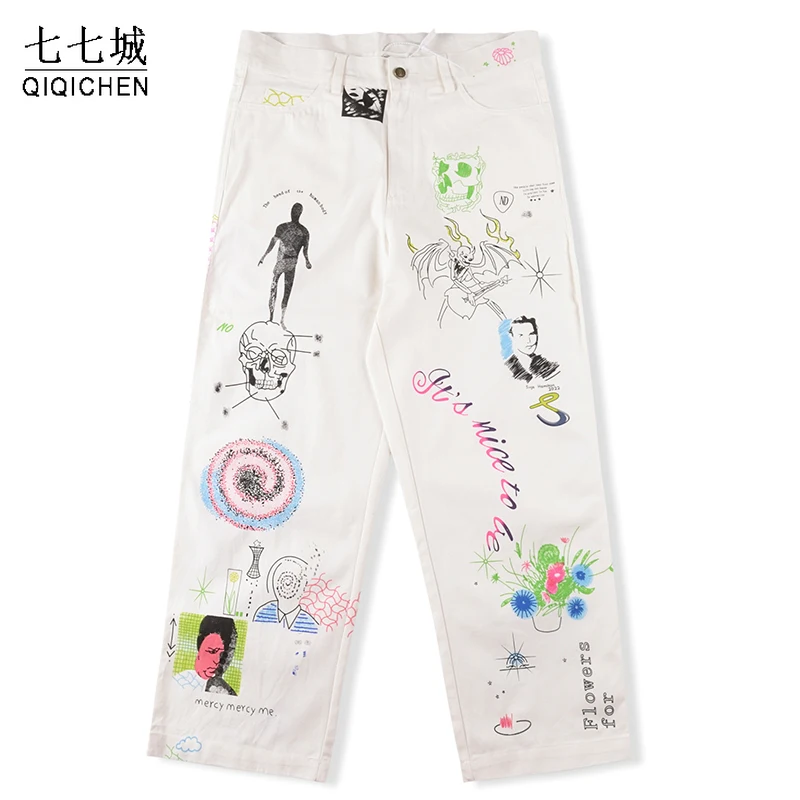 New High Street Graffiti Cargo Pants Painting Fashion Men Women Hip-Hop Casual Jeans Streetwear Straight Loose Trousers White