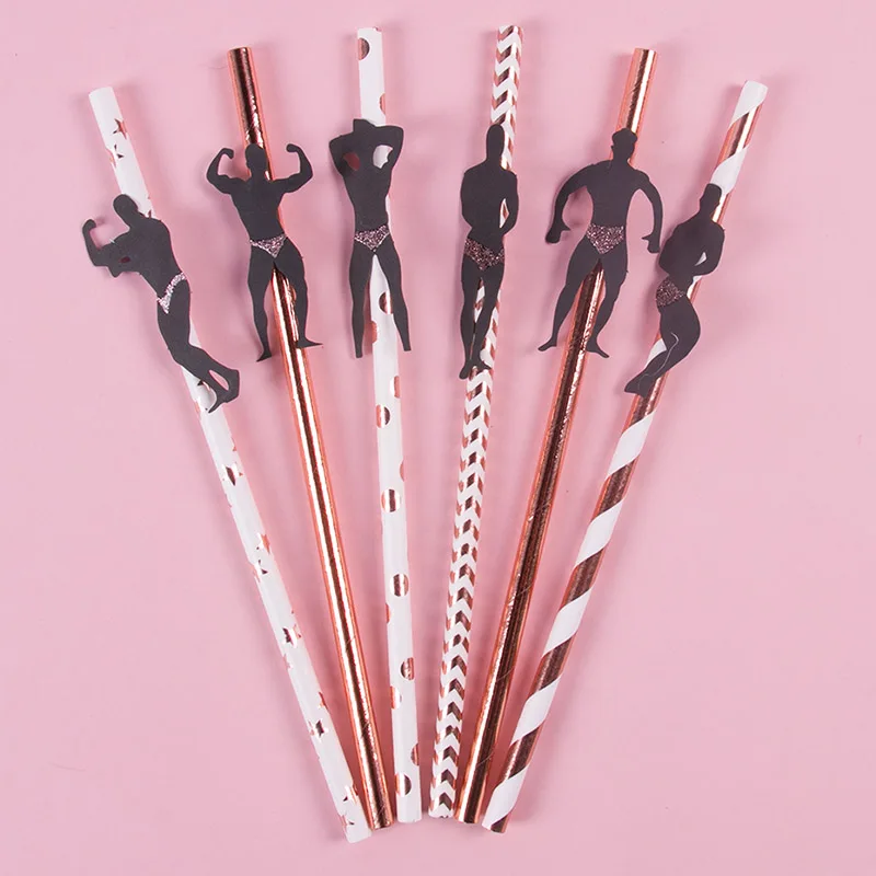 

6pcs Rose Gold Bachelorette Party Paper Straws Stripper Dancing Men Straw Wedding Decorations Hen Party Decor Ladies Night Party