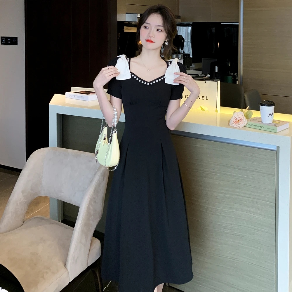 2024 Черное шикарное сексуальное платье миди Y2k с бантом весна-лето элегантное