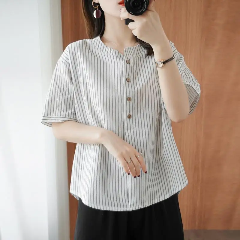 

4XL Summer Blouses Women Cotton Linen Shirts Striped Short Sleeve Tops Loose Stand Collar Lady Casual Clothing Blusas E101