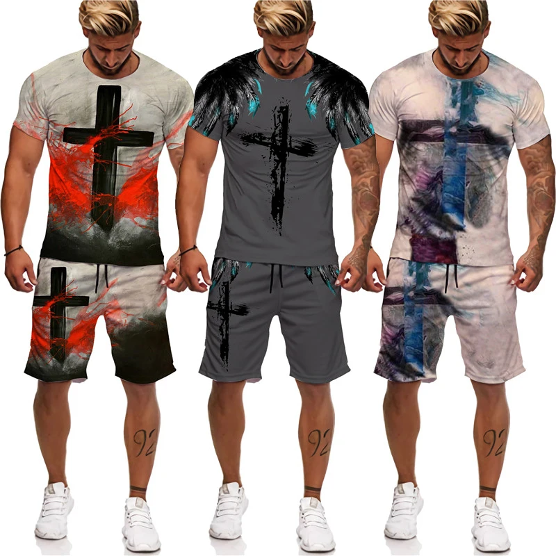 

Summer 3D Lion Cross Printed Men's T-shirt/Shorts/Suit Short Sleeve Jesus Love Everone Christian Street Wear 2 Pcs Tracksuit Set