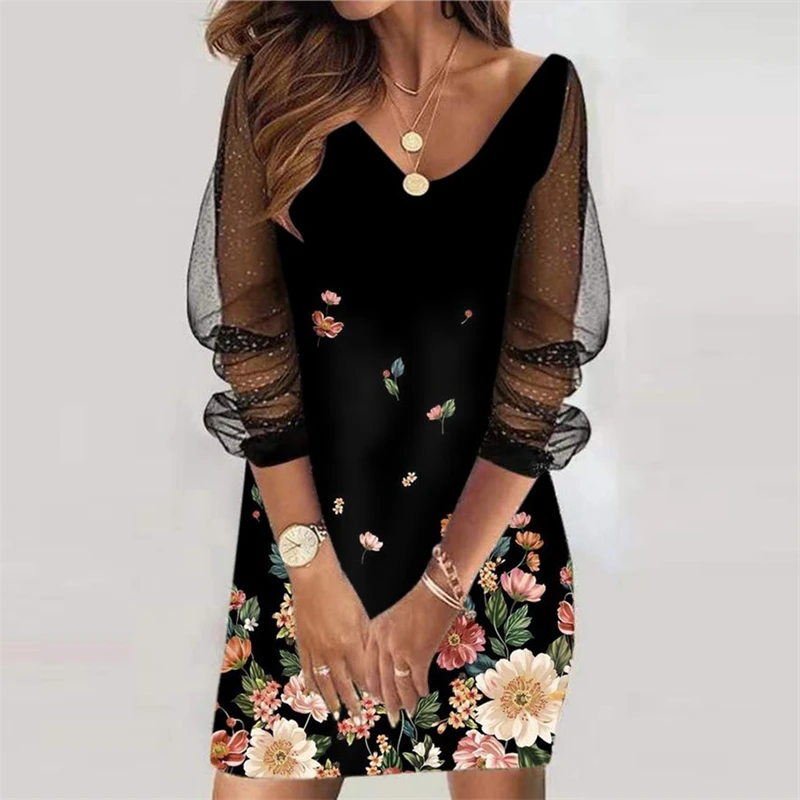 

Retro Print Sequined Mesh Party Dress Women Elegant Dress Spring Summer Clothing V Neck Sexy Casual Vestidos Long Sleeve Dresses