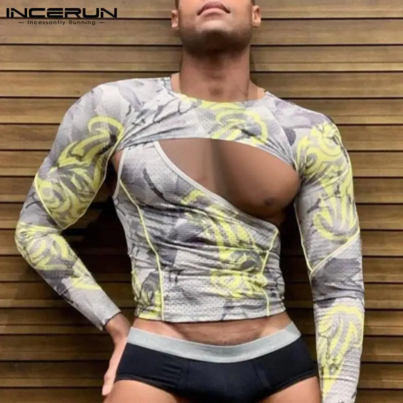 

2022 Men T Shirt Printed O-neck Long Sleeve Hollow Out Skinny Sexy Irregular Tee Tops Streetwear Party Casual Camisetas INCERUN
