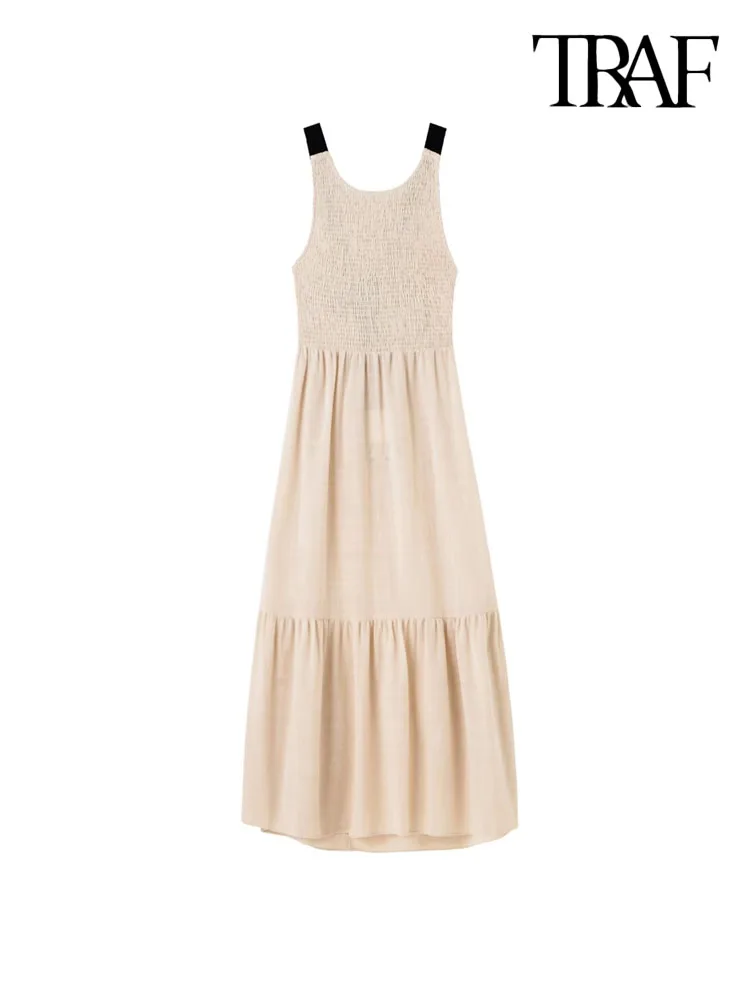 

TRAF Women Fashion With Tied Smocked Elastic Ruffle Midi Dress Vintage Backless Wide Straps Female Dresses Vestidos Mujer