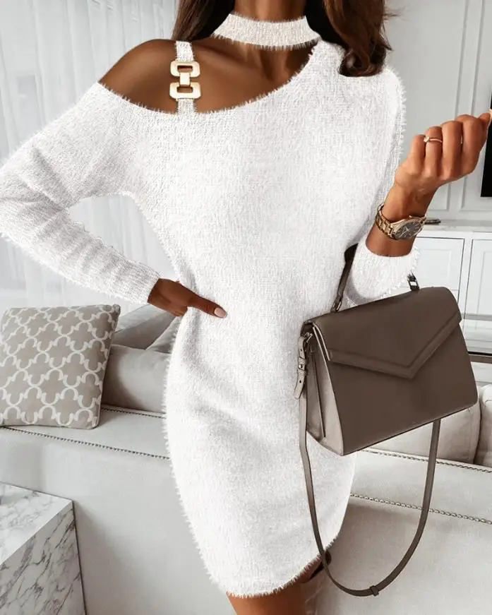 

Dresses for Women 2022 Fashionable White Sexy Cold Shoulder Fluffy Long Sleeve Dress Vestidos De Mujer