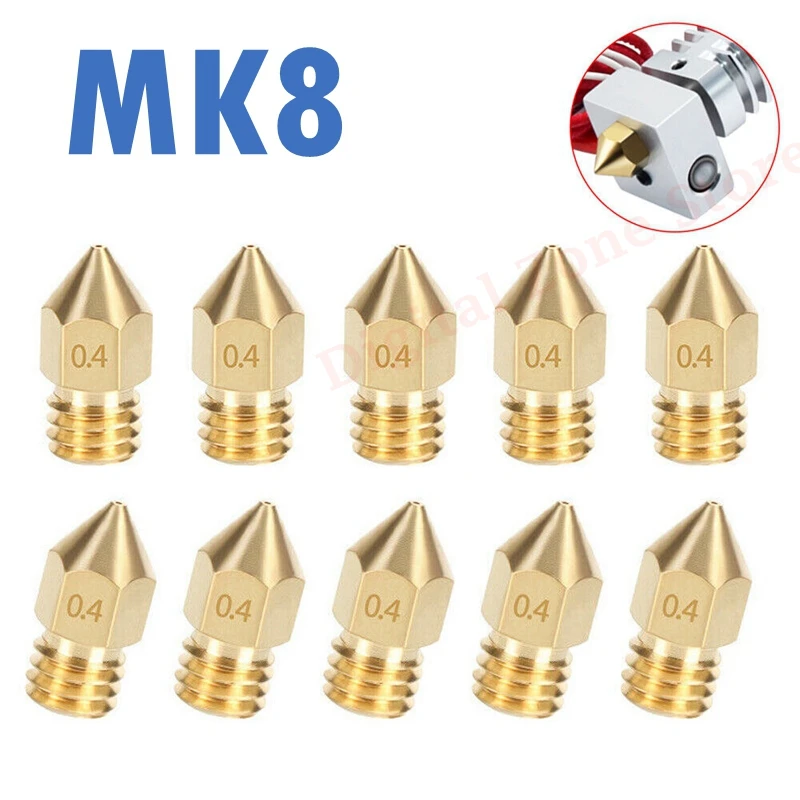 

10PCS 0.4mm MK8 Extruder 3D Printer Brass Nozzle M6 Thread for Creality CR-10 Ender 3/5, Tevo Tornado