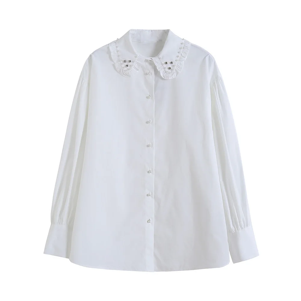 

Shirts For Women 2022 Fashion Frill Trim Rhinestone Beaded Lapel White Shirt Long Sleeve Faux Pearl Button Up Oversize Shirts