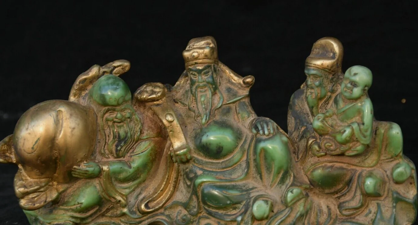 6 дюймов старый зеленый нефрит позолоченная резьба 3 долголетия Бог Фу Лу Шоу