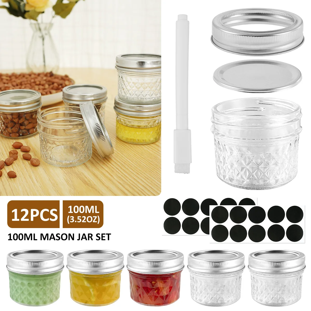 

L 12Pcs Mini Mason Jars 100ml Sealed Transparent Small Glass Canning Jar Stackable Mason Jar with Lids and Stickers