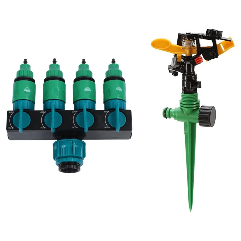 

1Pcs Garden Hose Splitter Water Pipe 4 Way Tap With 6Pcs Garden Sprinklers, Lawn 360 Rotating Impact Sprinklers