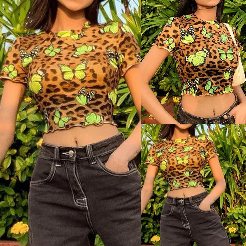 

Aesthetic Cute Leopard Print Cropped T Shirt O Neck Short Sleeve Women Shirts Butterfly Print Kawaii Clothes
