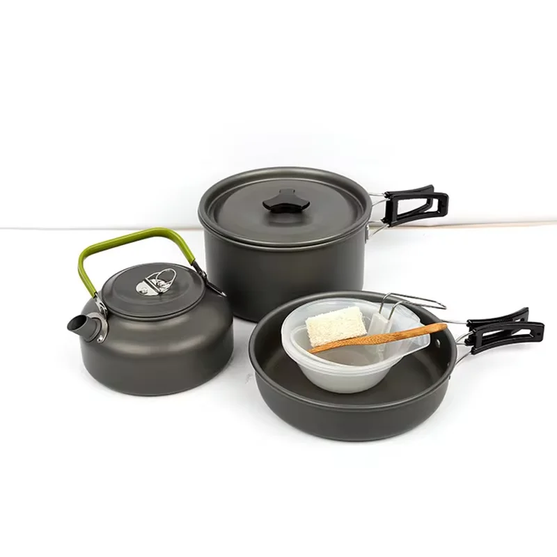 Портативный Кемпинговый Cookset Алюминиевый Уличный Набор Посуды С Сковородой