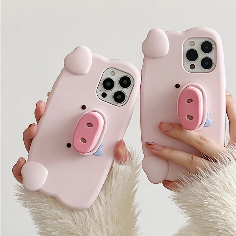 Фото Забавный 3D розовый слюна, свиной нос, невидимый чехол-кронштейн для iPhone 16, 13, 14, 12, 15 Pro Max, милый креативный держатель-подставка, противоударный чехол №2