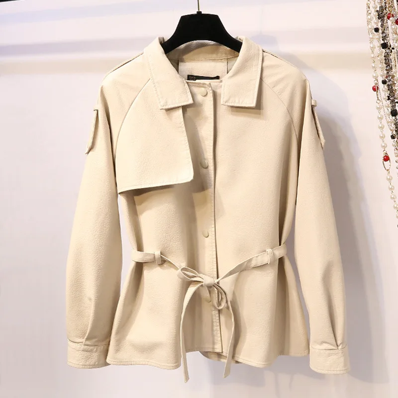 Windbreaker style slimming leather coat 2023 autumn clothes new lace-up temperament leather jacket