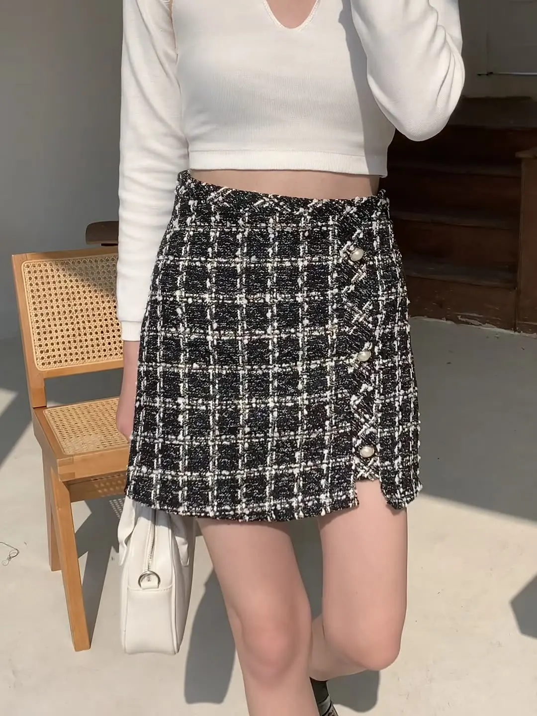 

Plaid Tweed Skirts Women Vintage Korean Harajuku Sheath Pencil Skirt Plus Size Woolen Skirt Shorts Bodycorn Pearls Buttons