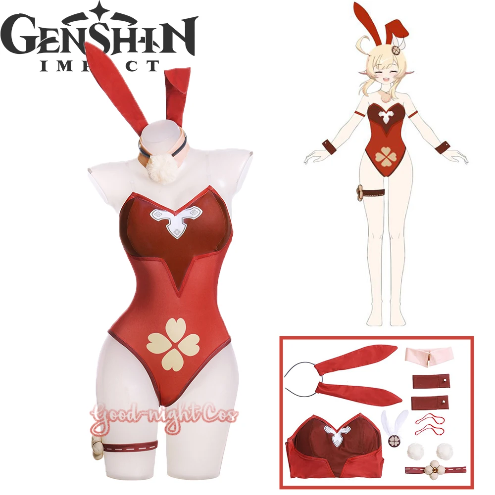 

Game Genshin Impact Klee Bunny Girl Cosplay Costume Red Sexy Catsuit Halloween Christmas Party Clothes Cute Dress