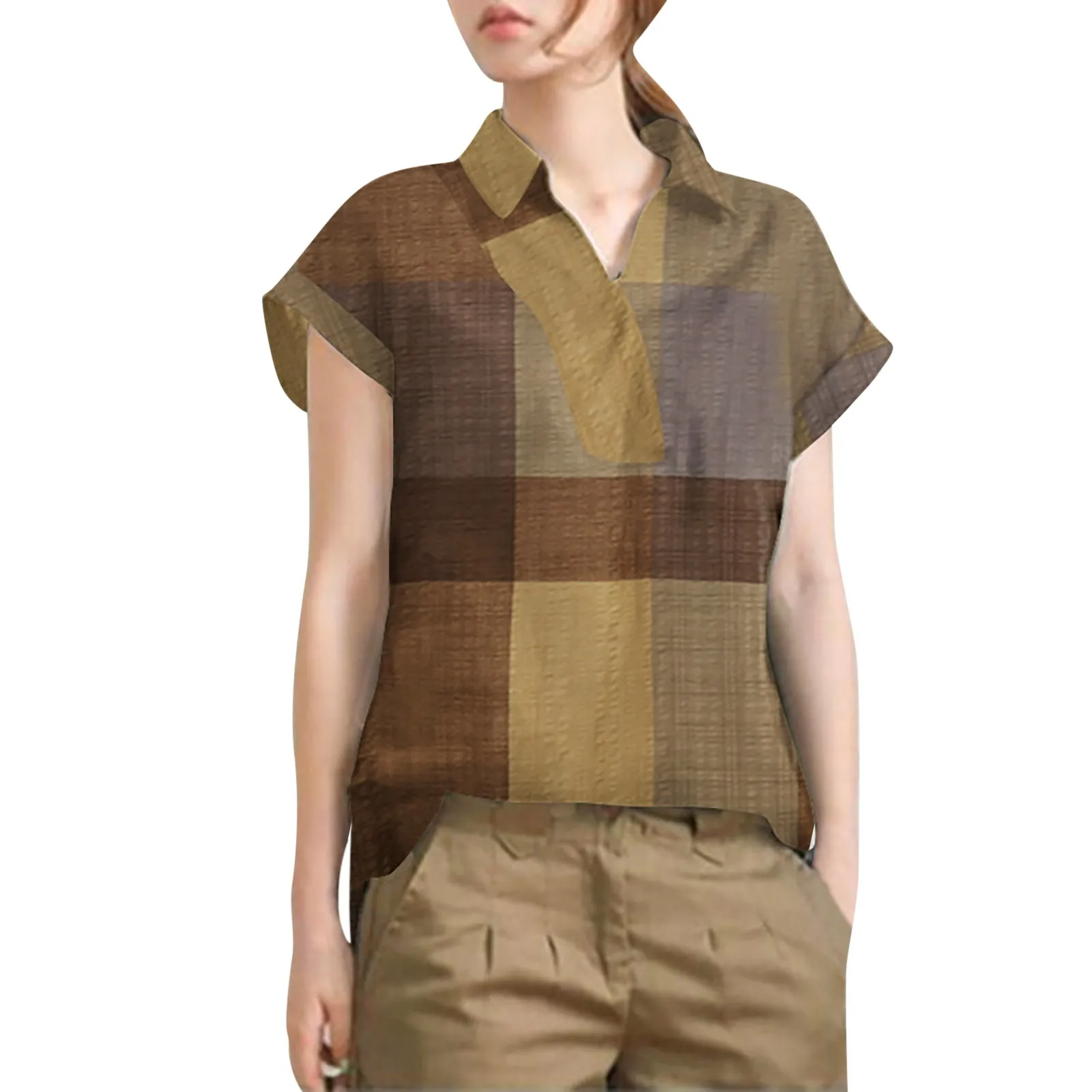

Large Size 5xl Plaid Shirts for Women Vintage Fashion Cotton Linen Blouses and Tops Ladies Turn-Down Collar Short Sleeve Blusas