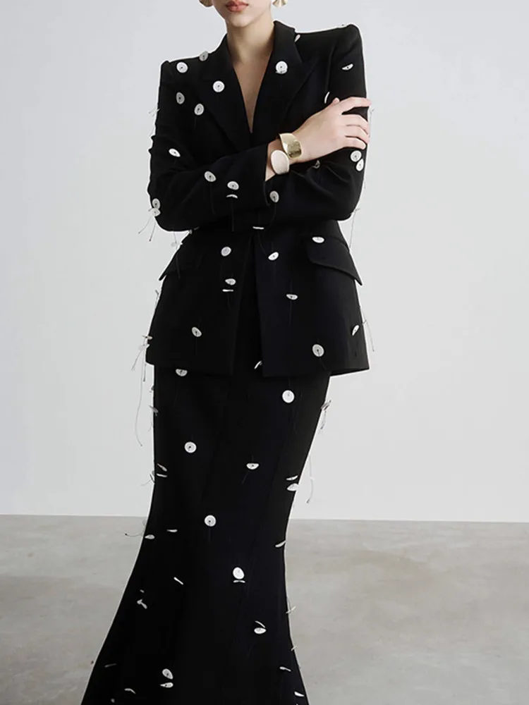 IEQJ Женские комплекты из 2 предметов с блестками и бусинами блейзер длинными