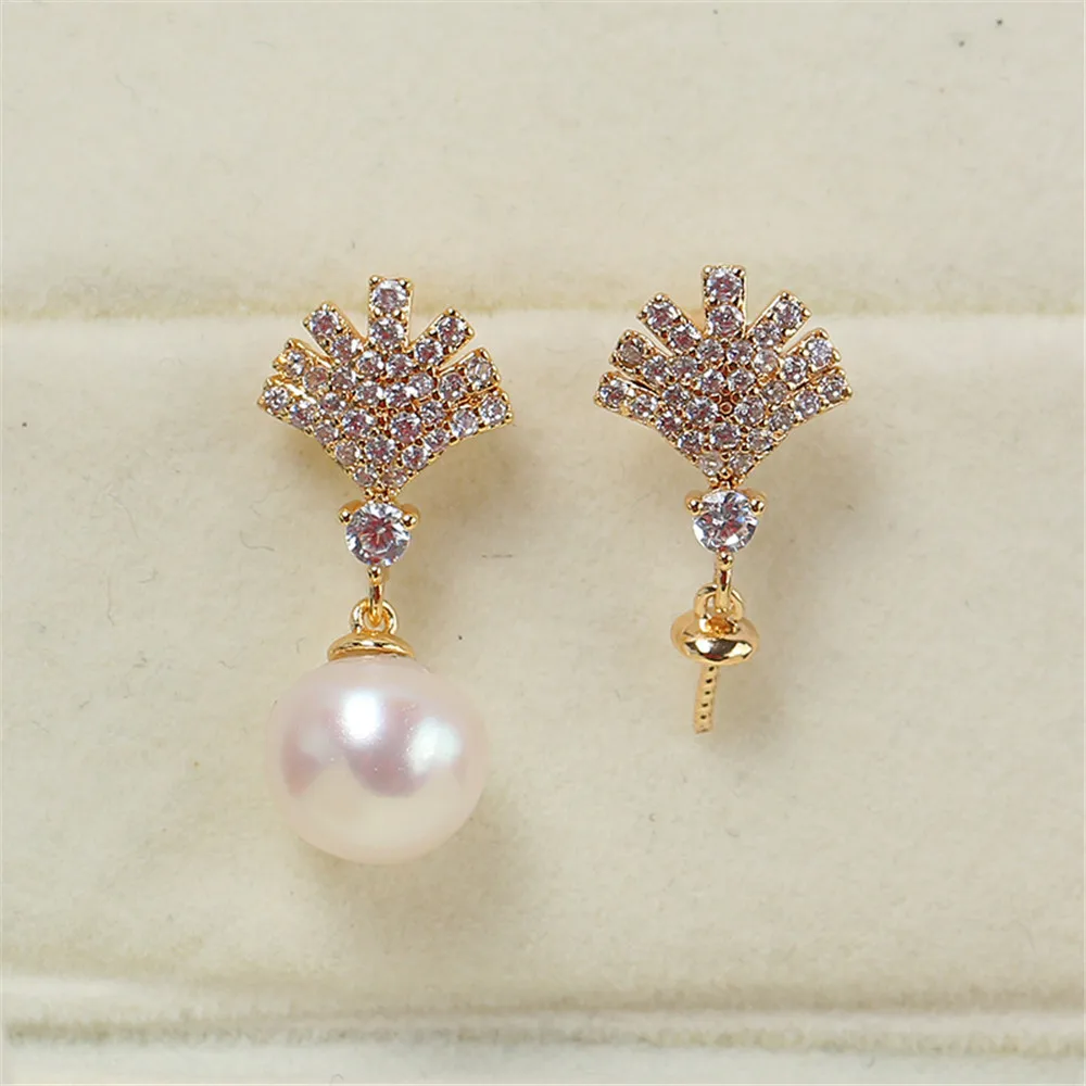 

Domestic 14k Gold Injection Floral Leaves Micro Set Zircon Pearl Stud Earrings S925 Silver Pin Empty Support DIY Accessories