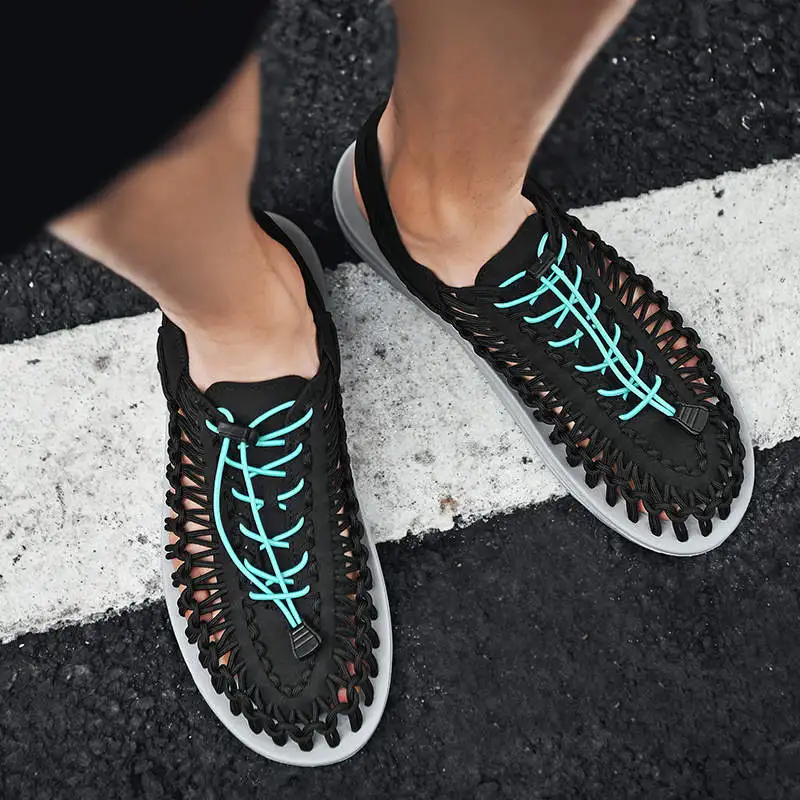 

2022 Comfortable Mens Slippers Large Sizes Fly Weaving Men's Flip Flops Male Summer House Slippers Lace Up Non-slip Man Slippers