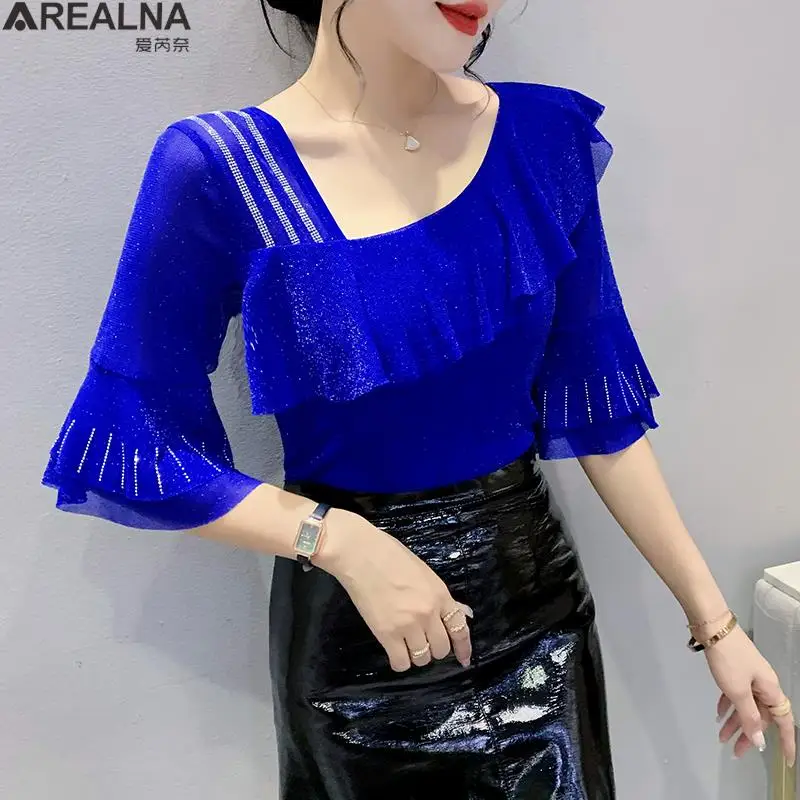 

Blusas mujer de moda 2022 summer Mesh diamond shirts 3/4 ruffle sleeve shiny square collar sexy blouse women tops and bloues