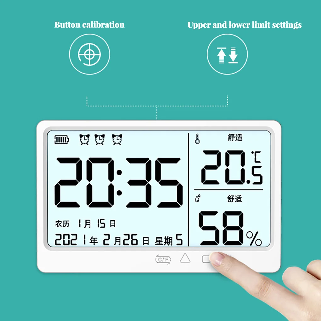 

LCD Digital Thermometer Humidity Meter Baby Nursery Temperature Gauge Multifunctional Clock Greenhouse Supplies