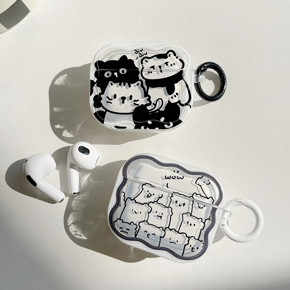 

For Airpods Pro 2 Wavy Earphone Case Cartoon Cute Black White Line Stripe Cat Silicone Shell For Airpods 1 3 Transparent Headset