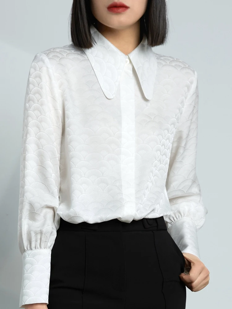 

Женская атласная блузка с длинным рукавом, винтажная рубашка с цветочным принтом, Текстурированная рубашка с закругленными лацканами, 100% шелк