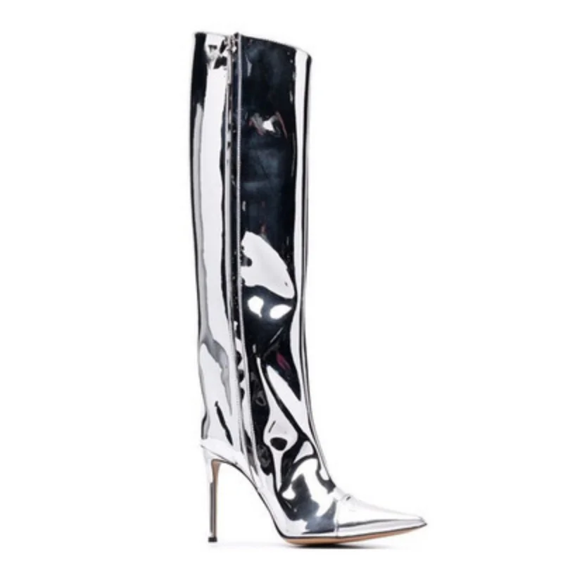 Europe and America 2023 New High Heel Pointed Laser Phantom Lacquer Leather Stage Performance Fashion Large Size Women's Boots