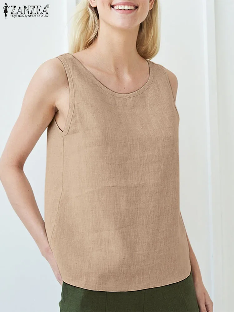 

Elegant Ladies Summer Sleeveless Cotton Blouse Vest Fashion Camisole ZANZEA Women Tank Tops Casual Beach Blusas Oversize Shirt