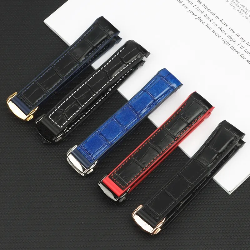

20mm Calfskin Genuine Leather Watch band Rubber Silicone back Folding Buckle Watchband for Omega strap Seamaster Speedmaster