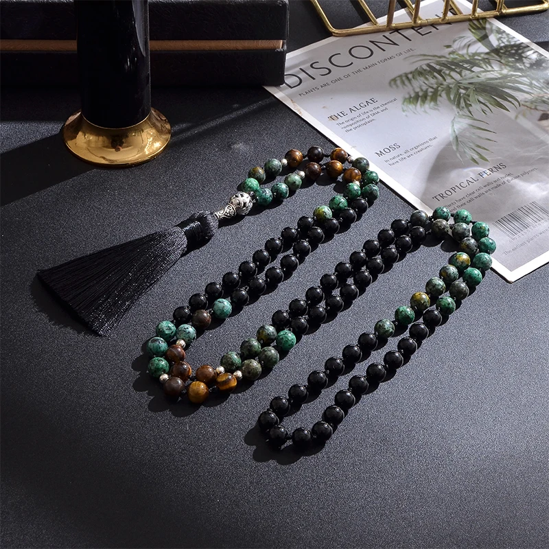 

8mm Black Onyx African Turquoise Yellow Tiger Eye Beaded Knotted Necklace Meditation Yoga Jewelry 108 Mala Prayer Rosary