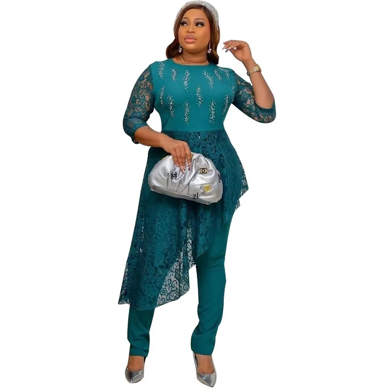 

African Dress Clothes Women 2 Piece Set Lace Splice Africa Tops Outfits 2022 Summer Irregular Fashion African OL Pant Suits Sets