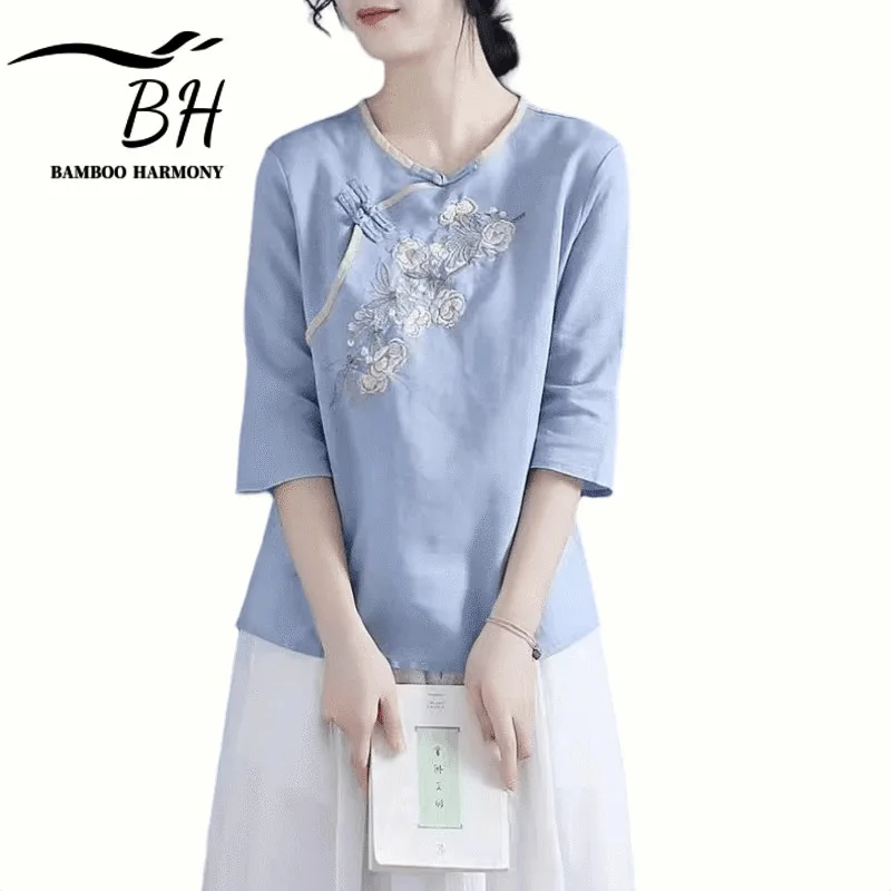

Ethnic Style Cotton and Linen Embroidered Top for Women in Spring and Autumn 2023